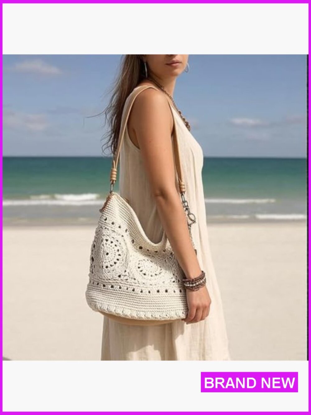 Hand Crochet Hobo Bag Spacious Tote Purse with Zipper Pocket Travel Everyday - Picture 3 of 7